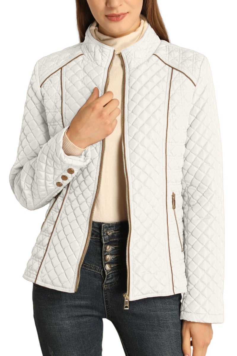 Bellivera Women's Stand Collar Lightweight Quilted Puffer Jacket Padded Zip Coat for Spring and Winter 087 White S - Image 1